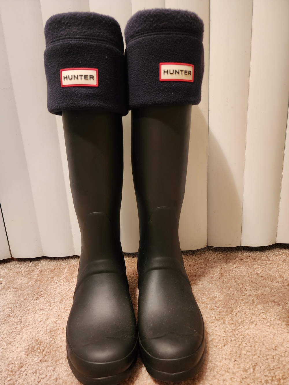 Hunter Women's Black Tall Rain Boots with Navy Fleece Cuffs